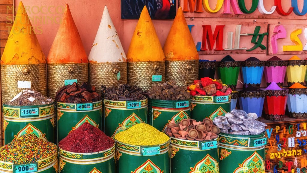 Cones of colourful spices for sale in a Moroccan souk