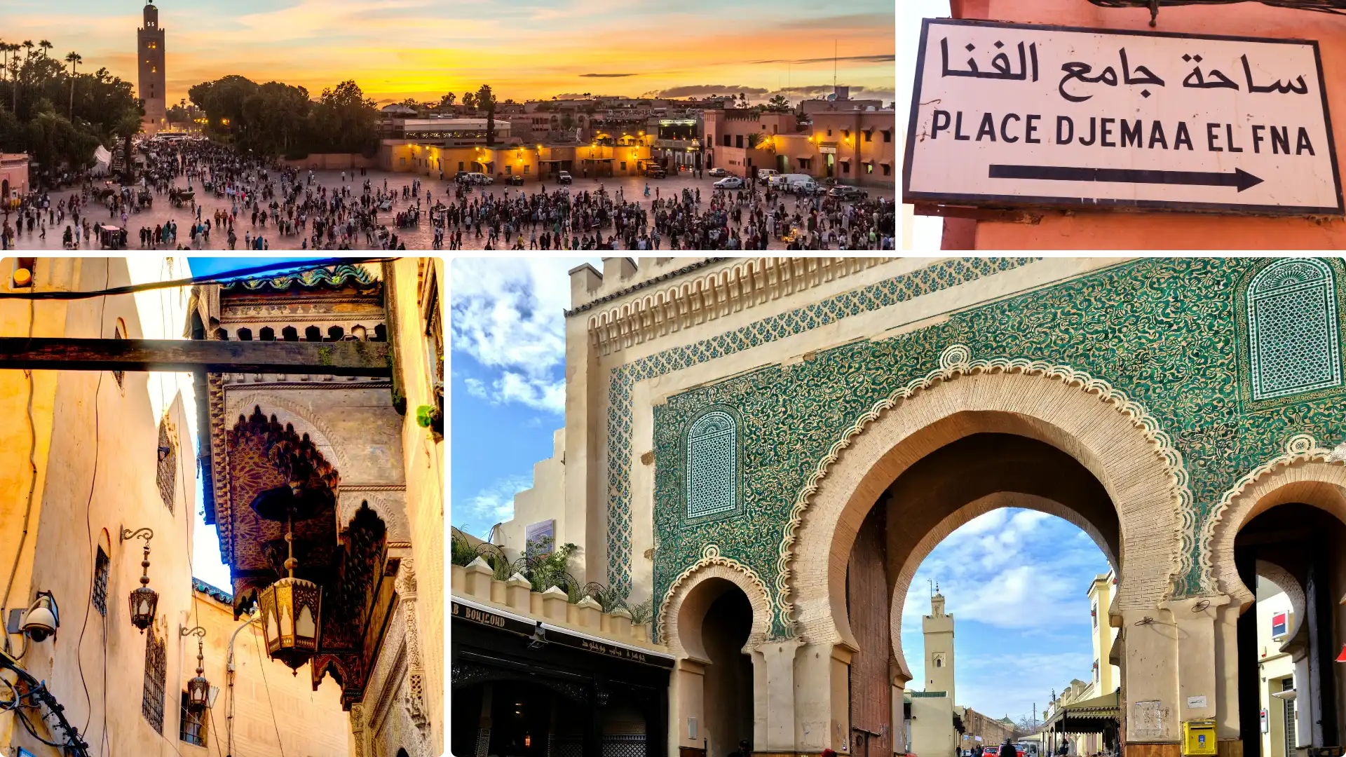 A comparison of Fes vs Marrakech, showing the vibrant Djemaa el-Fna in Marrakech and the ancient, narrow streets of the Fes medina.