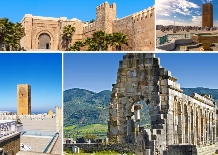 A collage showing the blue streets of the Kasbah of the Udayas in Rabat, the iconic Hassan Tower, and the ancient Roman ruins of Volubilis near Meknes.