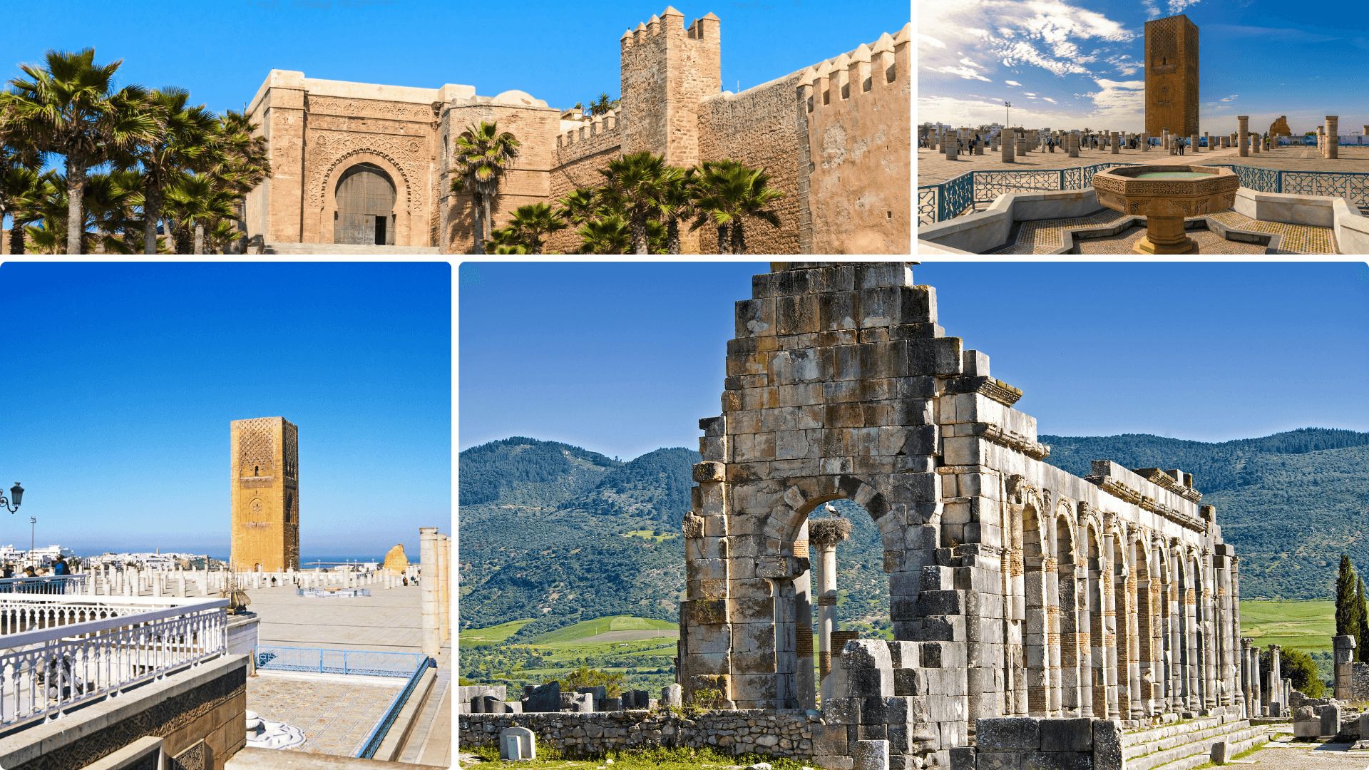 A collage showing the blue streets of the Kasbah of the Udayas in Rabat, the iconic Hassan Tower, and the ancient Roman ruins of Volubilis near Meknes.
