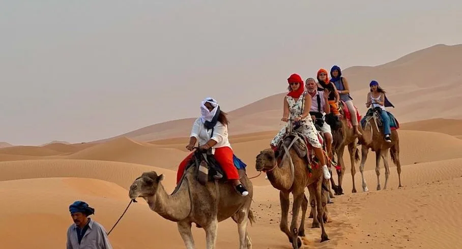 Our small group Morocco tours include guided camel treks through the iconic golden dunes of Erg Chebbi.